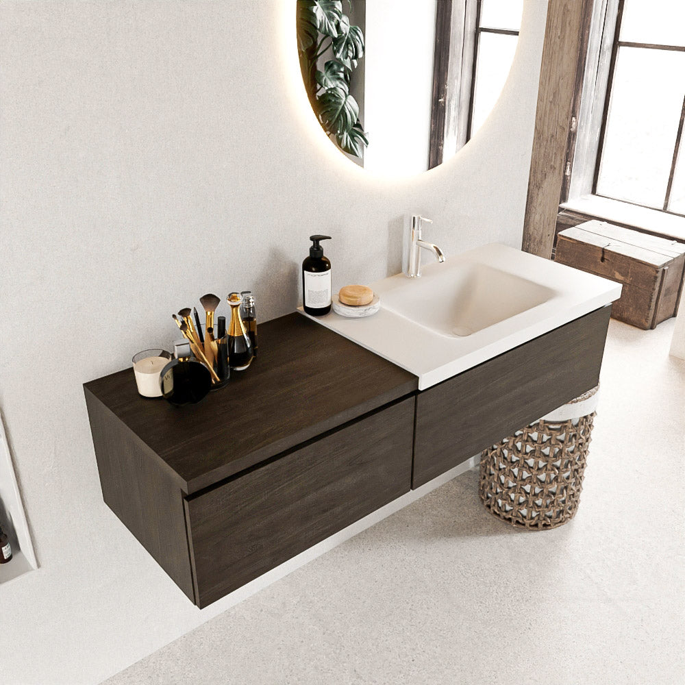 MONDIAZ BUKLA 140cm badmeubel met module 60 kleur Dark Brown met 2 lades. Wastafel CLOUD rechts 1 kraangat kleur Talc.