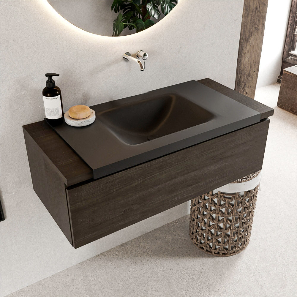 MONDIAZ BUKLA 100cm badmeubel onderkast kleur Dark Brown met 1 lade. Wastafel CLOUD midden 0 kraangaten kleur Urban.