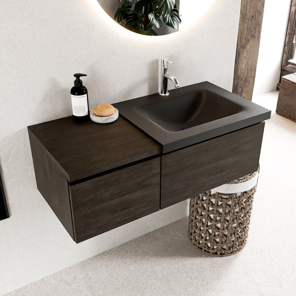 MONDIAZ BUKLA 100cm badmeubel met module 40 kleur Dark Brown met 2 lades. Wastafel CLOUD rechts 1 kraangat kleur Urban.