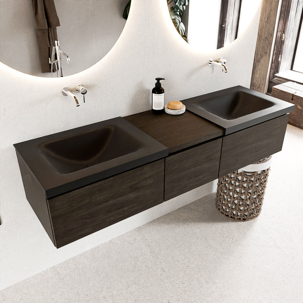 MONDIAZ BUKLA 160cm badmeubel met module 40 kleur Dark Brown met 3 lades. Wastafel CLOUD dubbel 0 kraangaten kleur Urban.