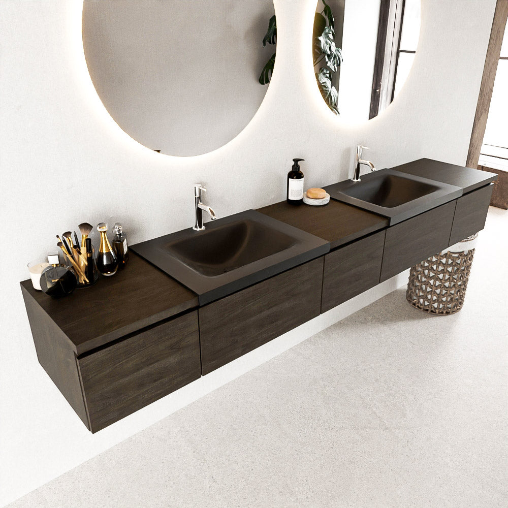 MONDIAZ BUKLA 240cm badmeubel met module 40 kleur Dark Brown met 5 lades. Wastafel CLOUD dubbel 2 kraangaten kleur Urban.