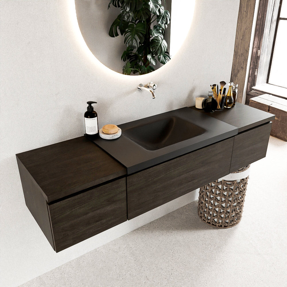 MONDIAZ BUKLA 160cm badmeubel met module 40 kleur Dark Brown met 3 lades. Wastafel CLOUD midden 0 kraangaten kleur Urban.