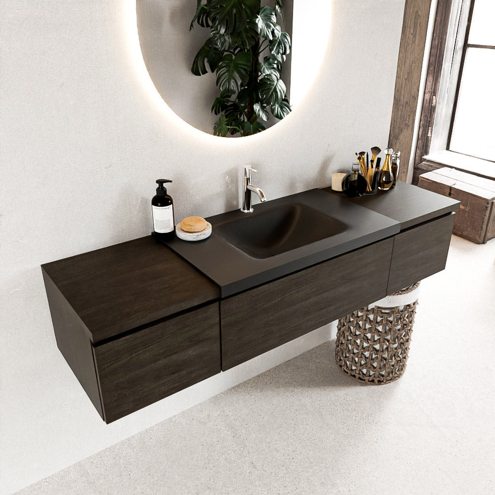 MONDIAZ BUKLA 160cm badmeubel met module 40 kleur Dark Brown met 3 lades. Wastafel CLOUD midden 1 kraangat kleur Urban.