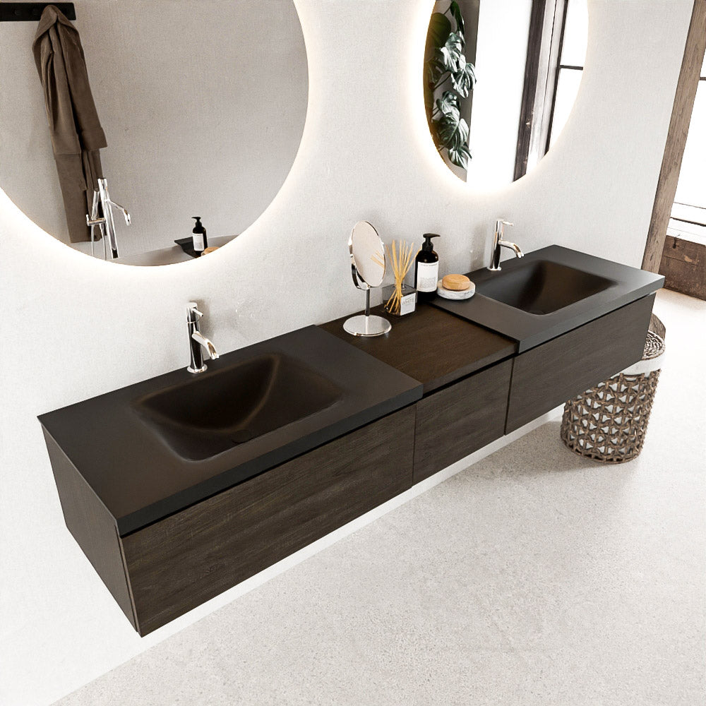 MONDIAZ BUKLA 200cm badmeubel met module 40 kleur Dark Brown met 3 lades. Wastafel CLOUD dubbel 2 kraangaten kleur Urban.