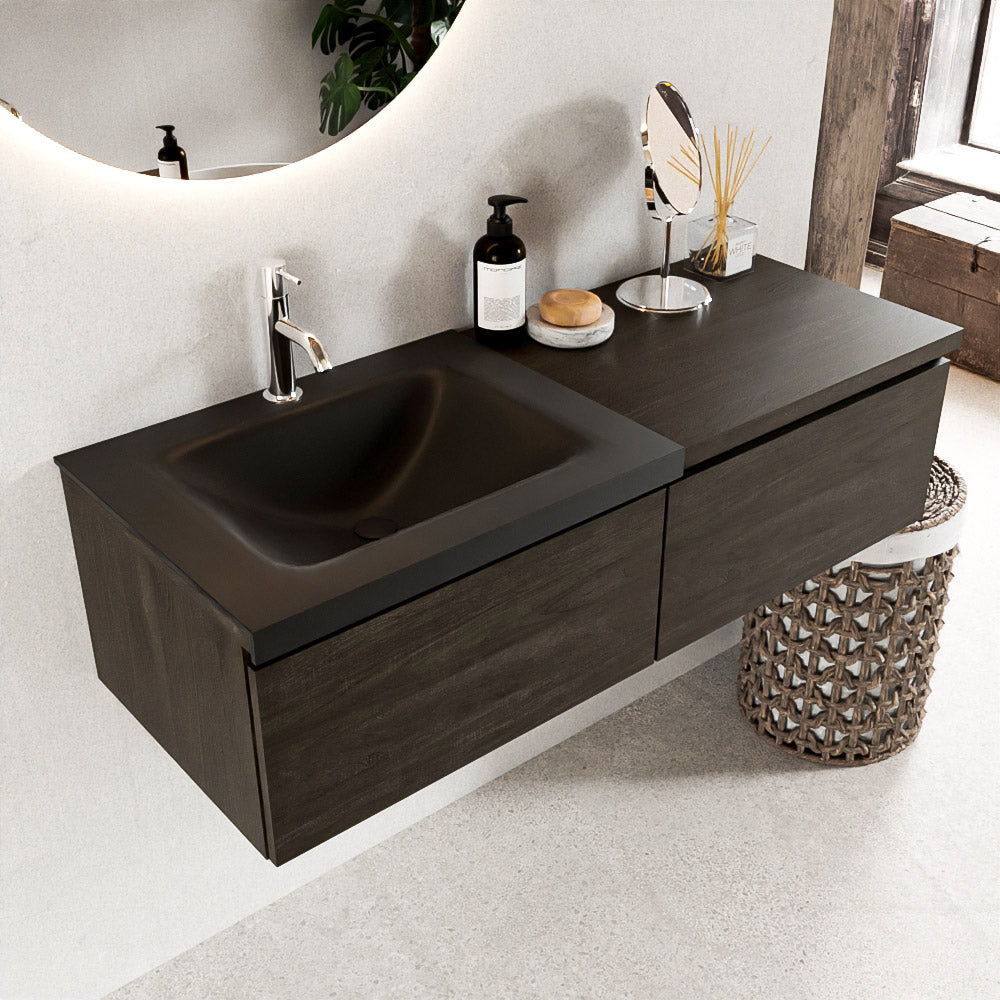 MONDIAZ BUKLA 120cm badmeubel met module 60 kleur Dark Brown met 2 lades. Wastafel CLOUD links 1 kraangat kleur Urban.