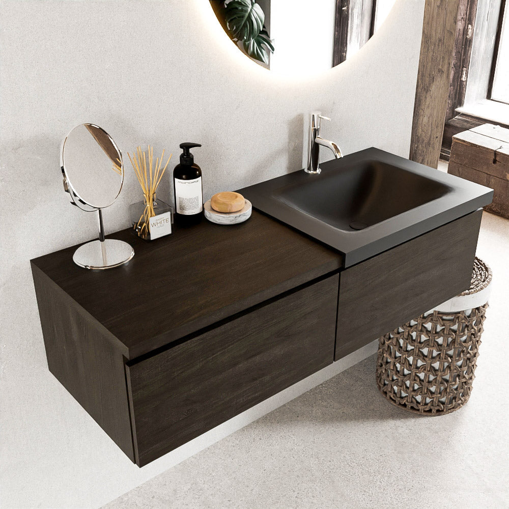 MONDIAZ BUKLA 120cm badmeubel met module 60 kleur Dark Brown met 2 lades. Wastafel CLOUD rechts 1 kraangat kleur Urban.