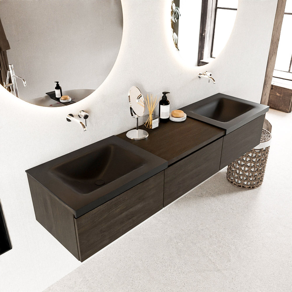 MONDIAZ BUKLA 180cm badmeubel met module 60 kleur Dark Brown met 3 lades. Wastafel CLOUD dubbel 0 kraangaten kleur Urban.