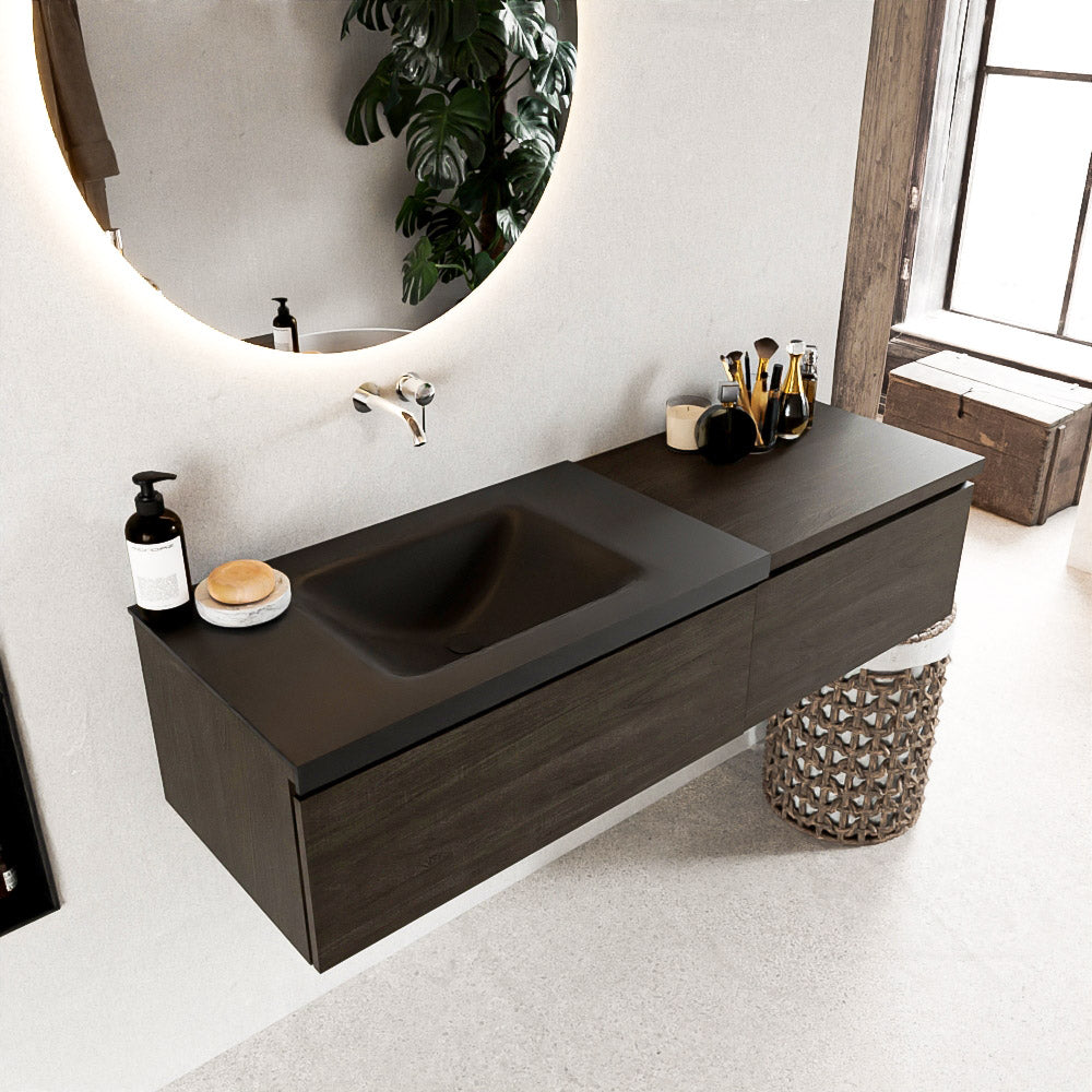 MONDIAZ BUKLA 140cm badmeubel met module 60 kleur Dark Brown met 2 lades. Wastafel CLOUD links 0 kraangaten kleur Urban.