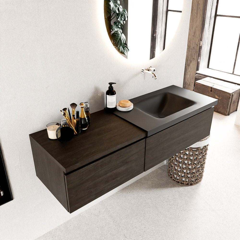 MONDIAZ BUKLA 140cm badmeubel met module 60 kleur Dark Brown met 2 lades. Wastafel CLOUD rechts 0 kraangaten kleur Urban.