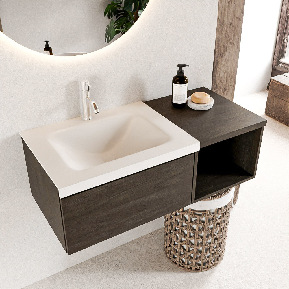 MONDIAZ BUKLA 100cm badmeubel met open module 40 kleur Dark Brown met 1 lade. Wastafel CLOUD links 1 kraangat kleur Talc.