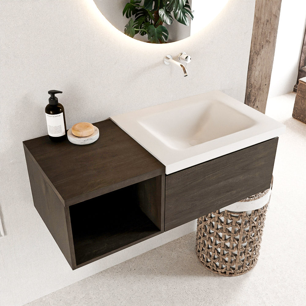 MONDIAZ BUKLA 100cm badmeubel met open module 40 kleur Dark Brown met 1 lade. Wastafel CLOUD rechts 0 kraangaten kleur Talc.