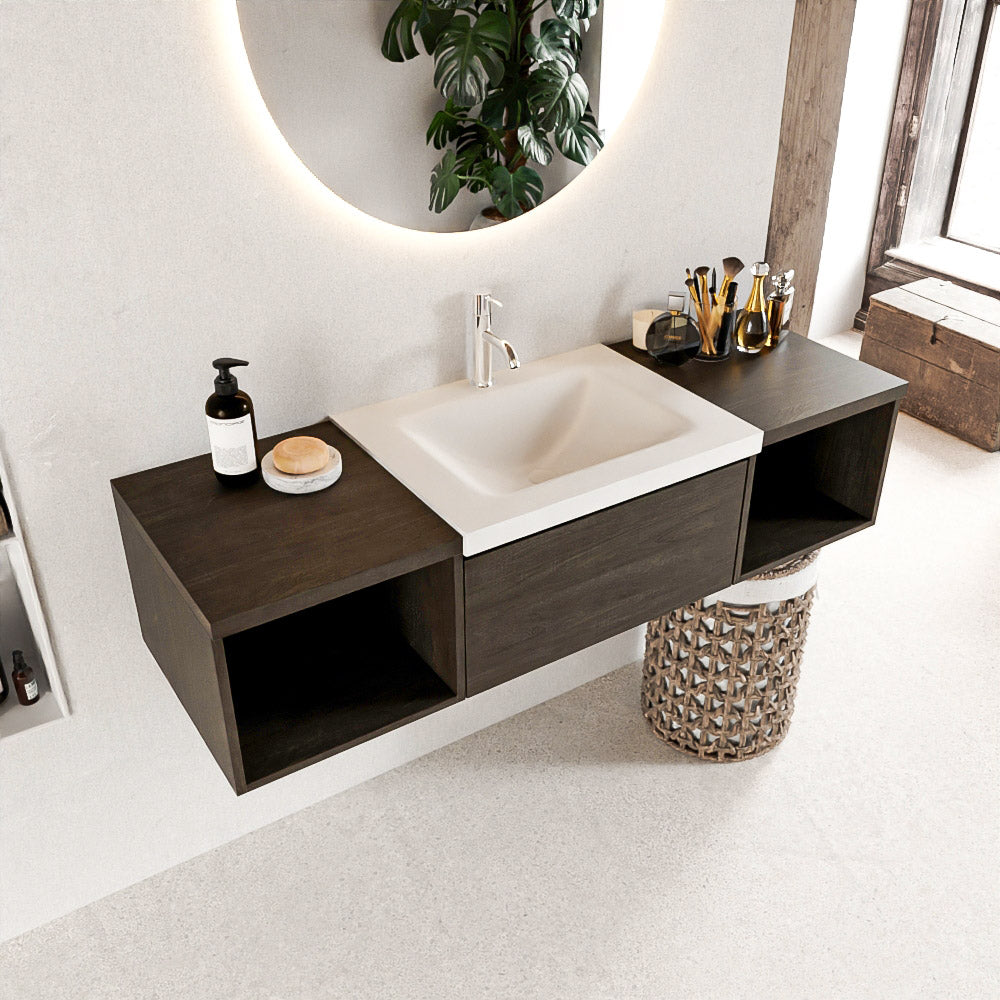 MONDIAZ BUKLA 140cm badmeubel met open module 40 L+R kleur Dark Brown met 2 lades. Wastafel CLOUD midden 1 kraangat kleur Talc.