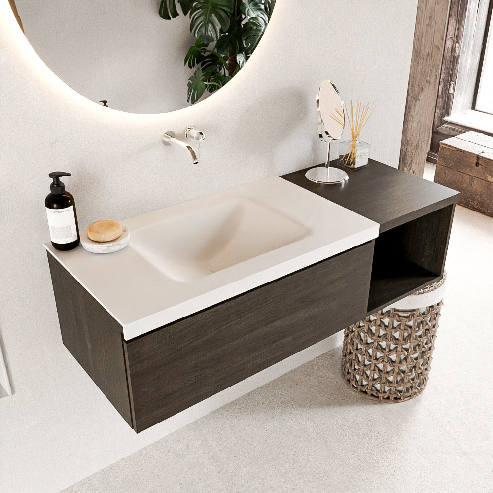 MONDIAZ BUKLA 120cm badmeubel met open module 40 kleur Dark Brown met 1 lade. Wastafel CLOUD links 0 kraangaten kleur Talc.