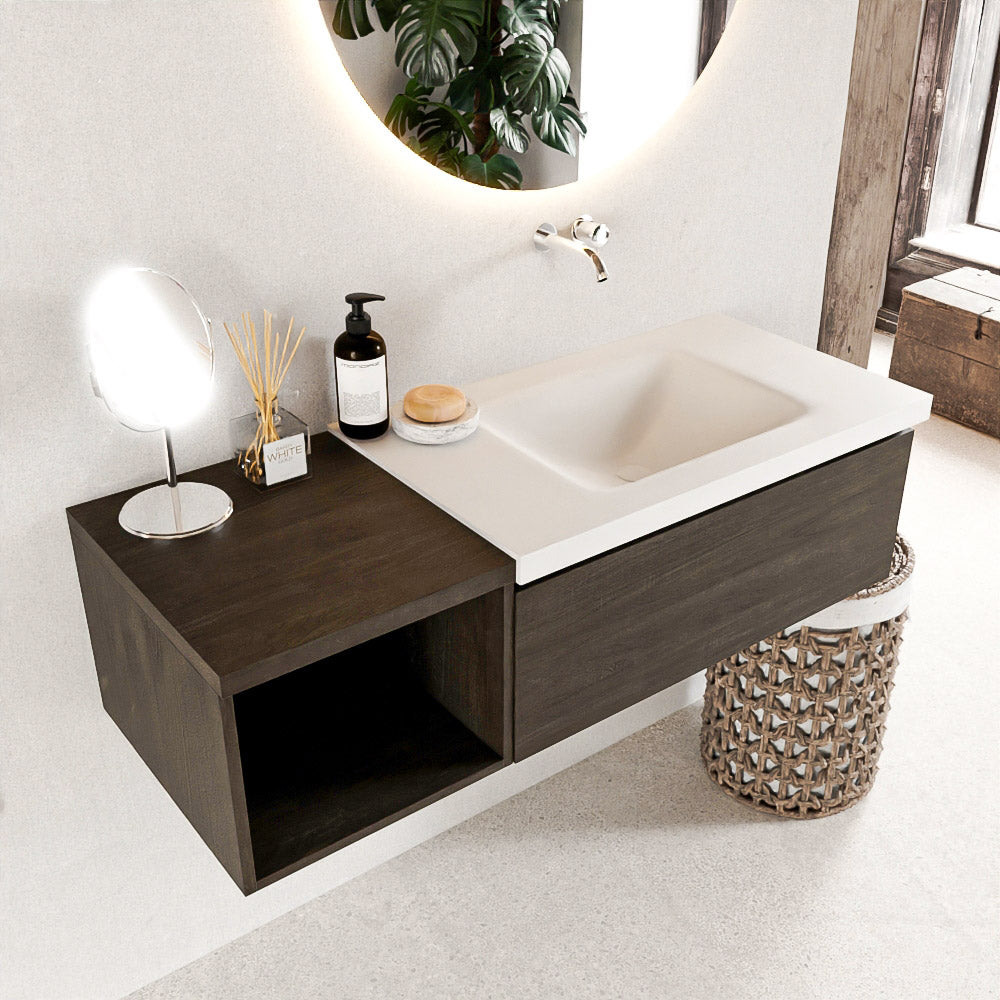 MONDIAZ BUKLA 120cm badmeubel met open module 40 kleur Dark Brown met 1 lade. Wastafel CLOUD rechts 0 kraangaten kleur Talc.