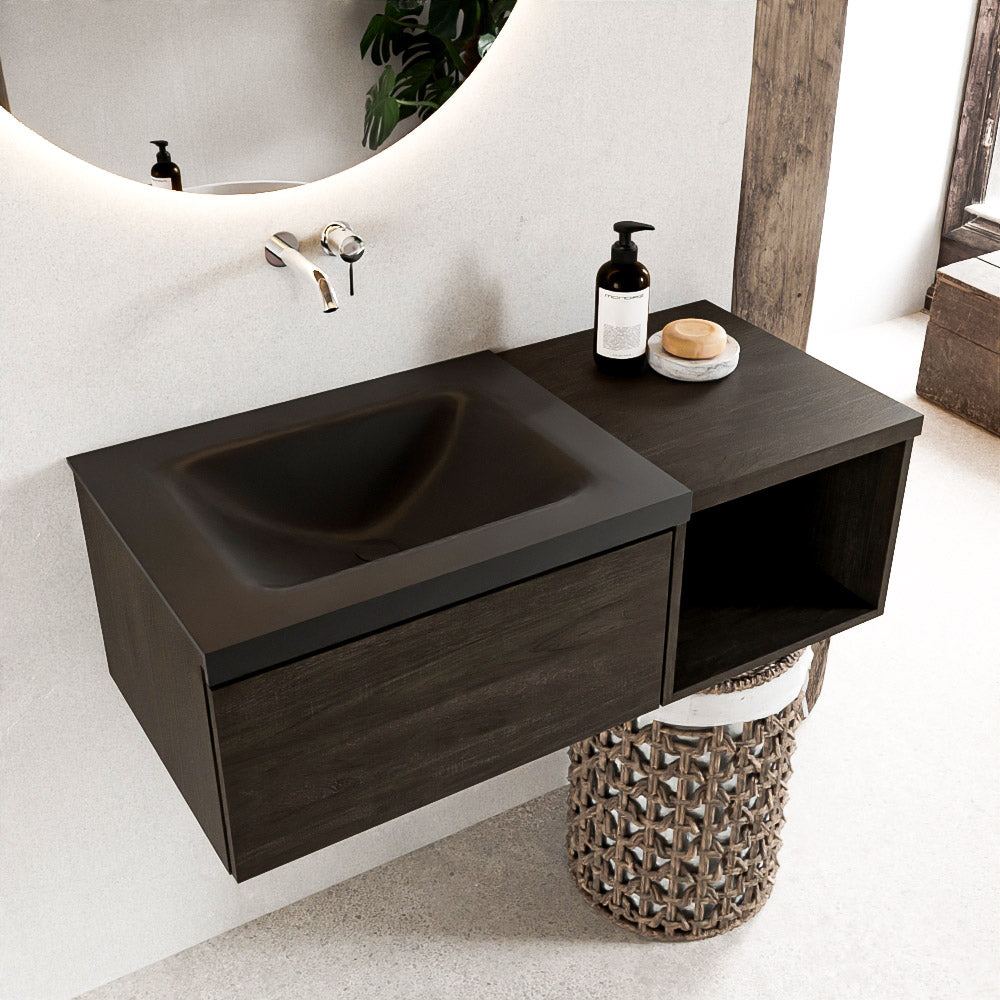 MONDIAZ BUKLA 100cm badmeubel met open module 40 kleur Dark Brown met 1 lade. Wastafel CLOUD links 0 kraangaten kleur Urban.