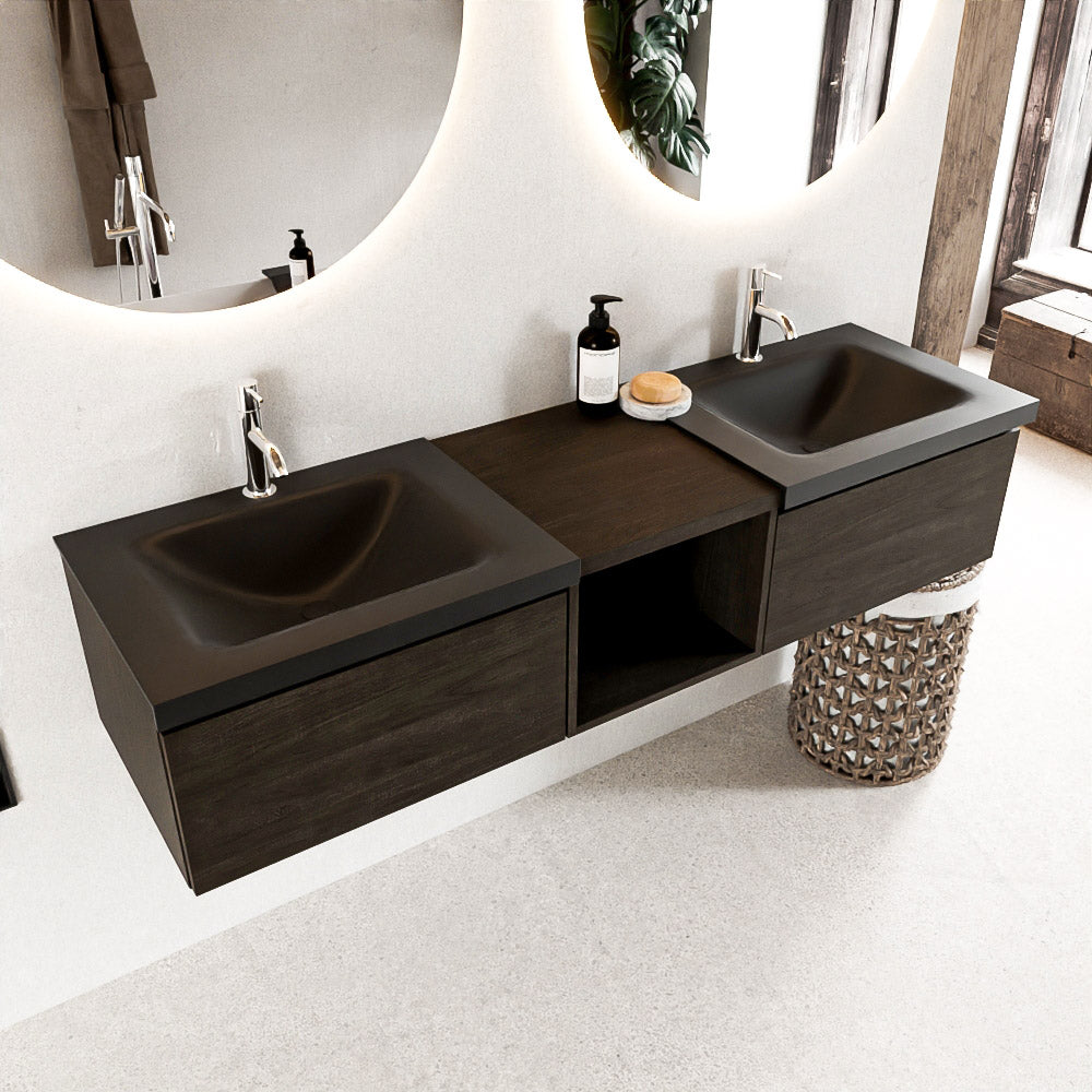 MONDIAZ BUKLA 160cm badmeubel met open module 40 kleur Dark Brown met 2 lades. Wastafel CLOUD dubbel 2 kraangaten kleur Urban.