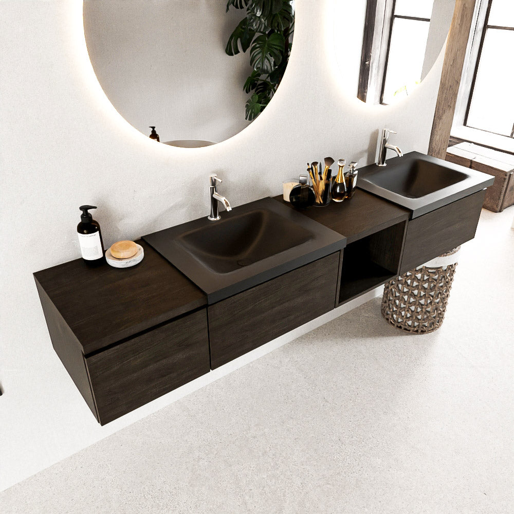 MONDIAZ BUKLA 200cm badmeubel met open module 40 rechts kleur Dark Brown met 3 lades. Wastafel CLOUD dubbel 2 kraangaten kleur Urban.