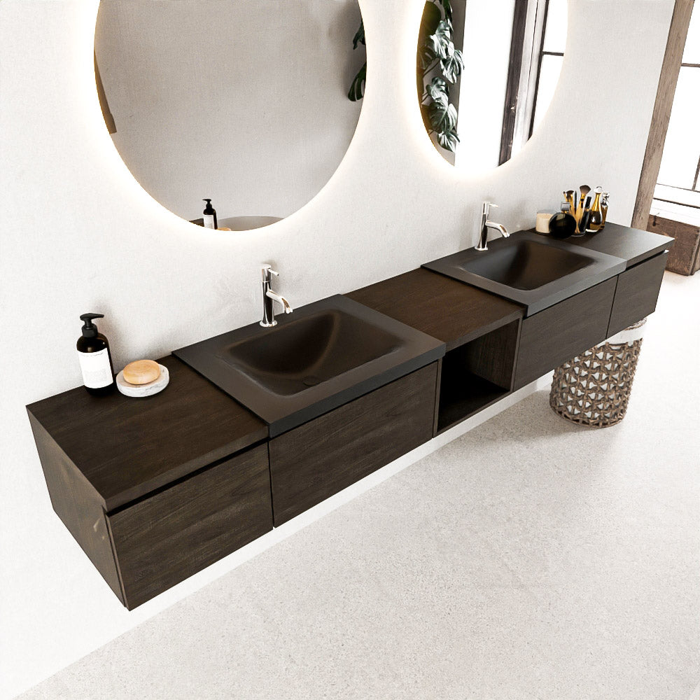 MONDIAZ BUKLA 240cm badmeubel met open module 40 midden kleur Dark Brown met 4 lades. Wastafel CLOUD dubbel 2 kraangaten kleur Urban.