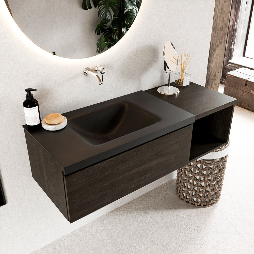 MONDIAZ BUKLA 120cm badmeubel met open module 40 kleur Dark Brown met 1 lade. Wastafel CLOUD links 0 kraangaten kleur Urban.