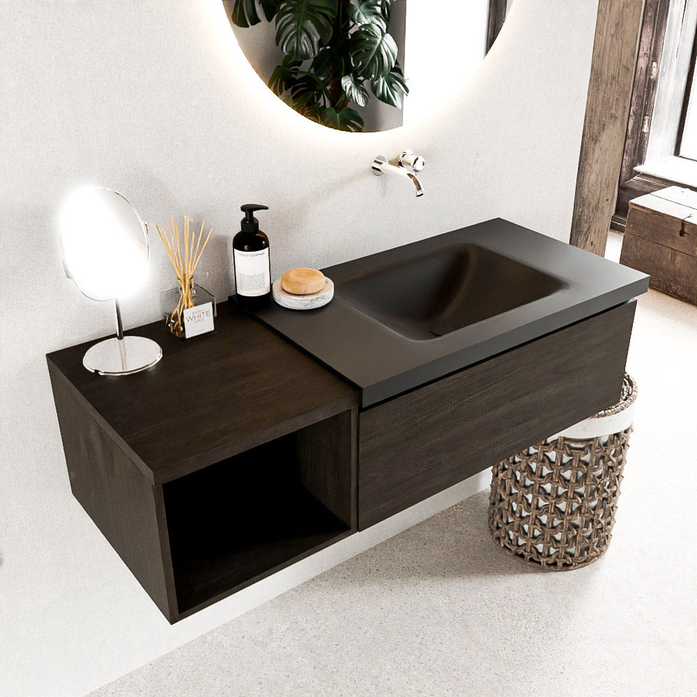 MONDIAZ BUKLA 120cm badmeubel met open module 40 kleur Dark Brown met 1 lade. Wastafel CLOUD rechts 0 kraangaten kleur Urban.