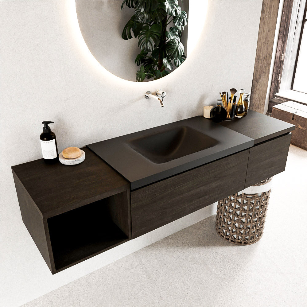 MONDIAZ BUKLA 160cm badmeubel met open module 40 links kleur Dark Brown met 2 lades. Wastafel CLOUD midden 0 kraangaten kleur Urban.