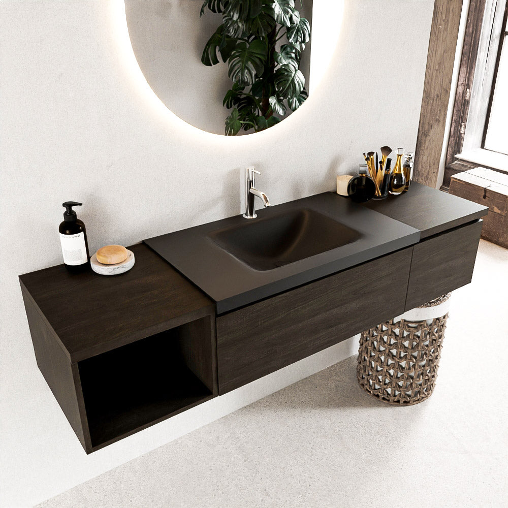 MONDIAZ BUKLA 160cm badmeubel met open module 40 links kleur Dark Brown met 2 lades. Wastafel CLOUD midden 1 kraangat kleur Urban.