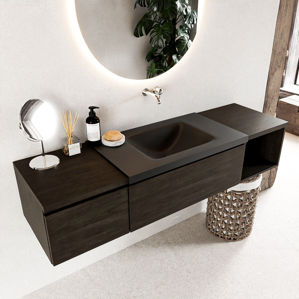 MONDIAZ BUKLA 160cm badmeubel met open module 40 rechts kleur Dark Brown met 2 lades. Wastafel CLOUD midden 0 kraangaten kleur Urban.