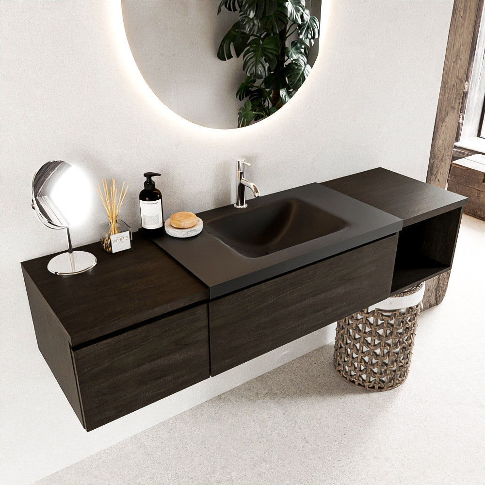 MONDIAZ BUKLA 160cm badmeubel met open module 40 rechts kleur Dark Brown met 2 lades. Wastafel CLOUD midden 1 kraangat kleur Urban.
