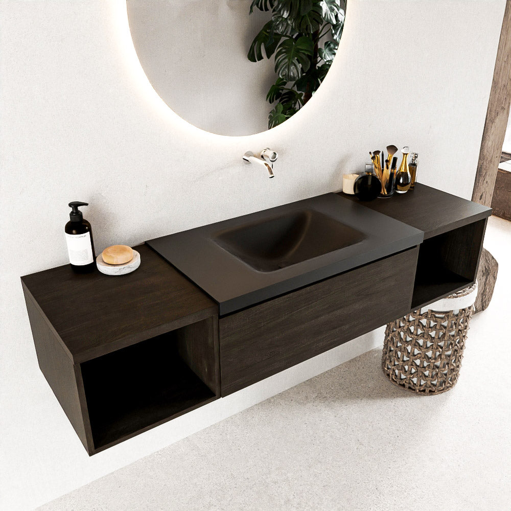 MONDIAZ BUKLA 160cm badmeubel met open module 40 L+R kleur Dark Brown met 1 lade. Wastafel CLOUD midden 0 kraangaten kleur Urban.