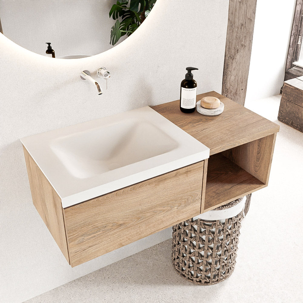MONDIAZ BUKLA 100cm badmeubel met open module 40 kleur Washed Oak met 1 lade. Wastafel CLOUD links 0 kraangaten kleur Talc.