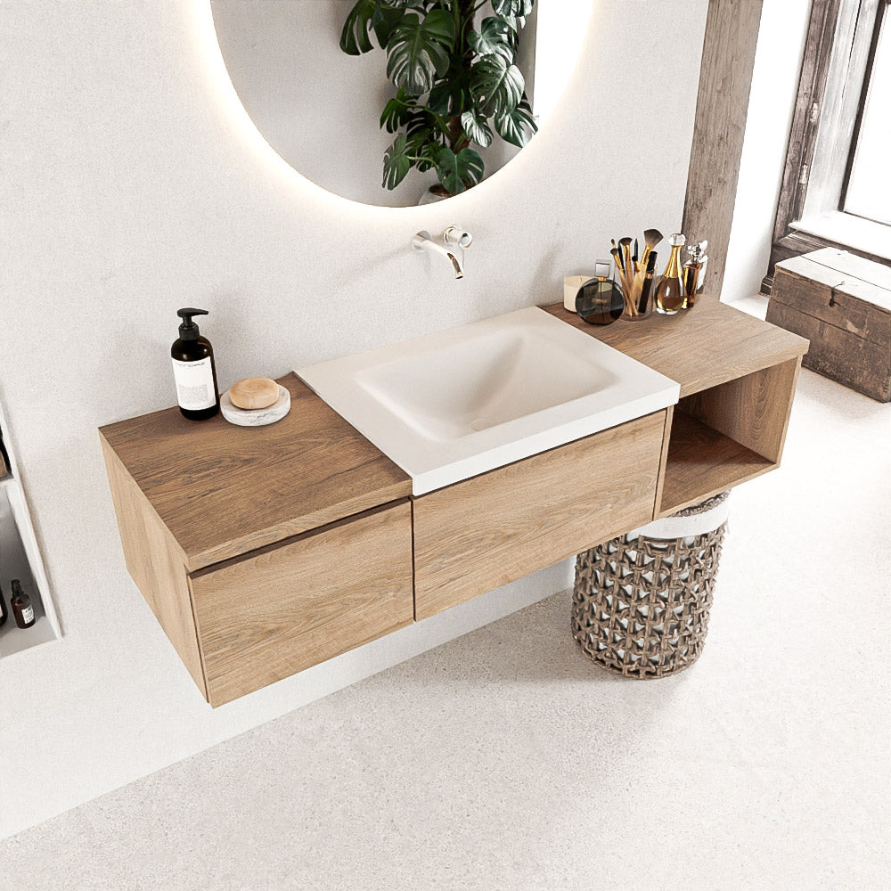 MONDIAZ BUKLA 140cm badmeubel met open module 40 rechts kleur Washed Oak met 2 lades. Wastafel CLOUD midden 0 kraangaten kleur Talc.