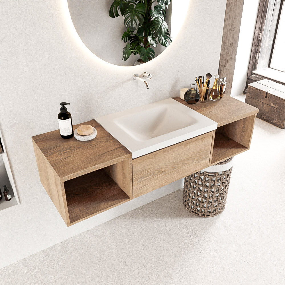 MONDIAZ BUKLA 140cm badmeubel met open module 40 L+R kleur Washed Oak met 2 lades. Wastafel CLOUD midden 0 kraangaten kleur Talc.