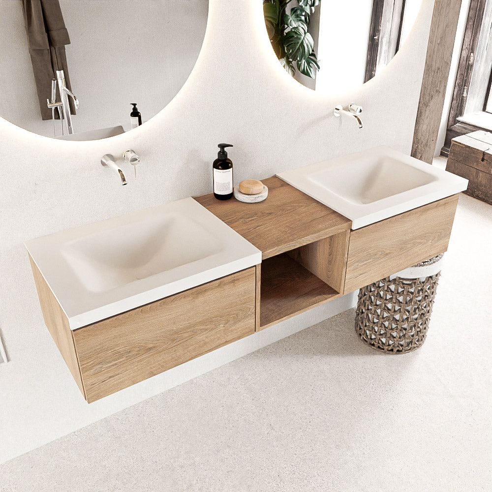 MONDIAZ BUKLA 160cm badmeubel met open module 40 kleur Washed Oak met 2 lades. Wastafel CLOUD dubbel 0 kraangaten kleur Talc.