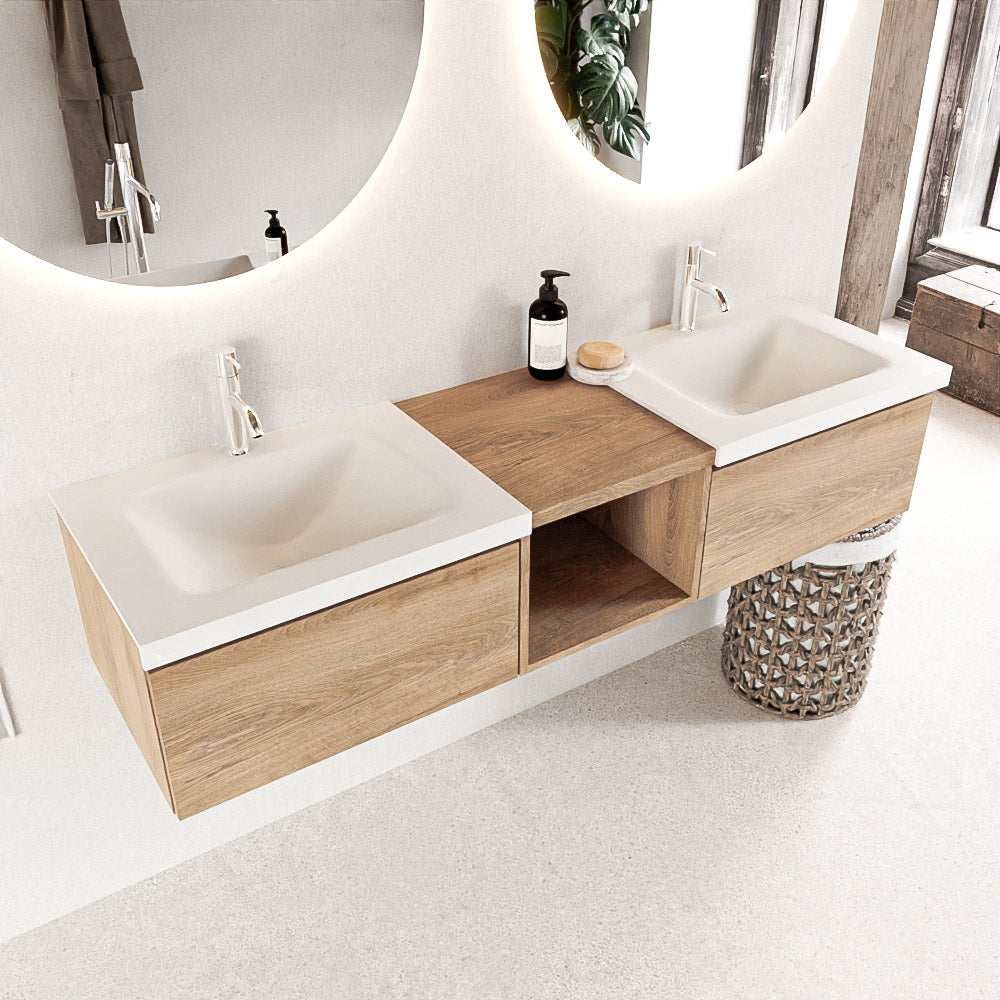 MONDIAZ BUKLA 160cm badmeubel met open module 40 kleur Washed Oak met 2 lades. Wastafel CLOUD dubbel 2 kraangaten kleur Talc.