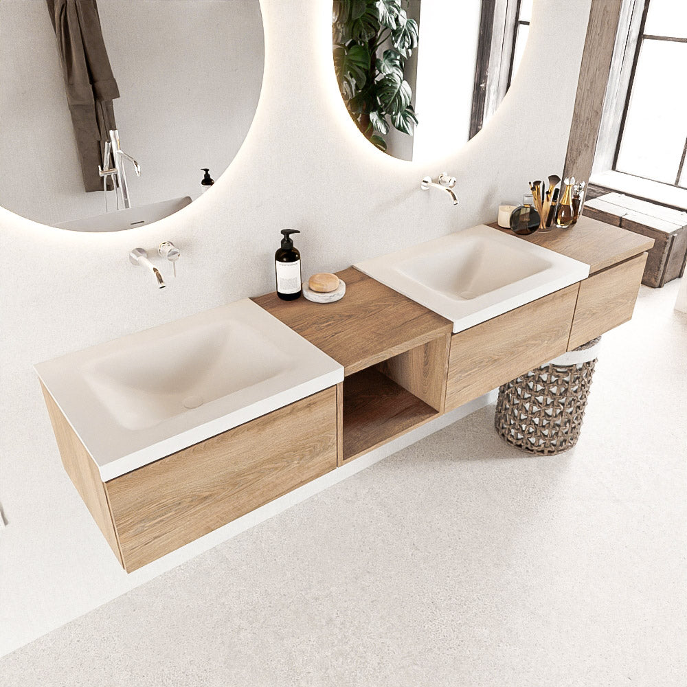 MONDIAZ BUKLA 200cm badmeubel met open module 40 links kleur Washed Oak met 3 lades. Wastafel CLOUD dubbel 0 kraangaten kleur Talc.