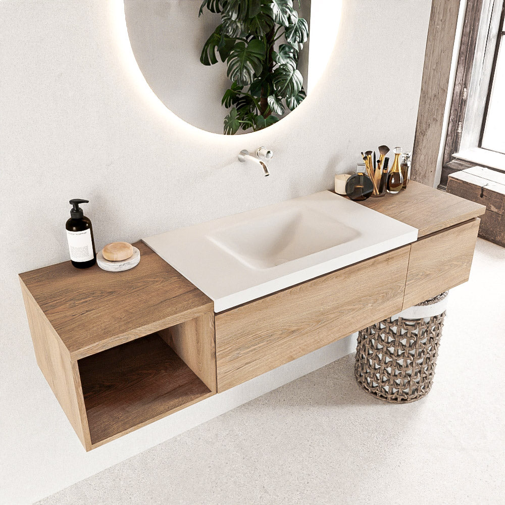 MONDIAZ BUKLA 160cm badmeubel met open module 40 links kleur Washed Oak met 2 lades. Wastafel CLOUD midden 0 kraangaten kleur Talc.