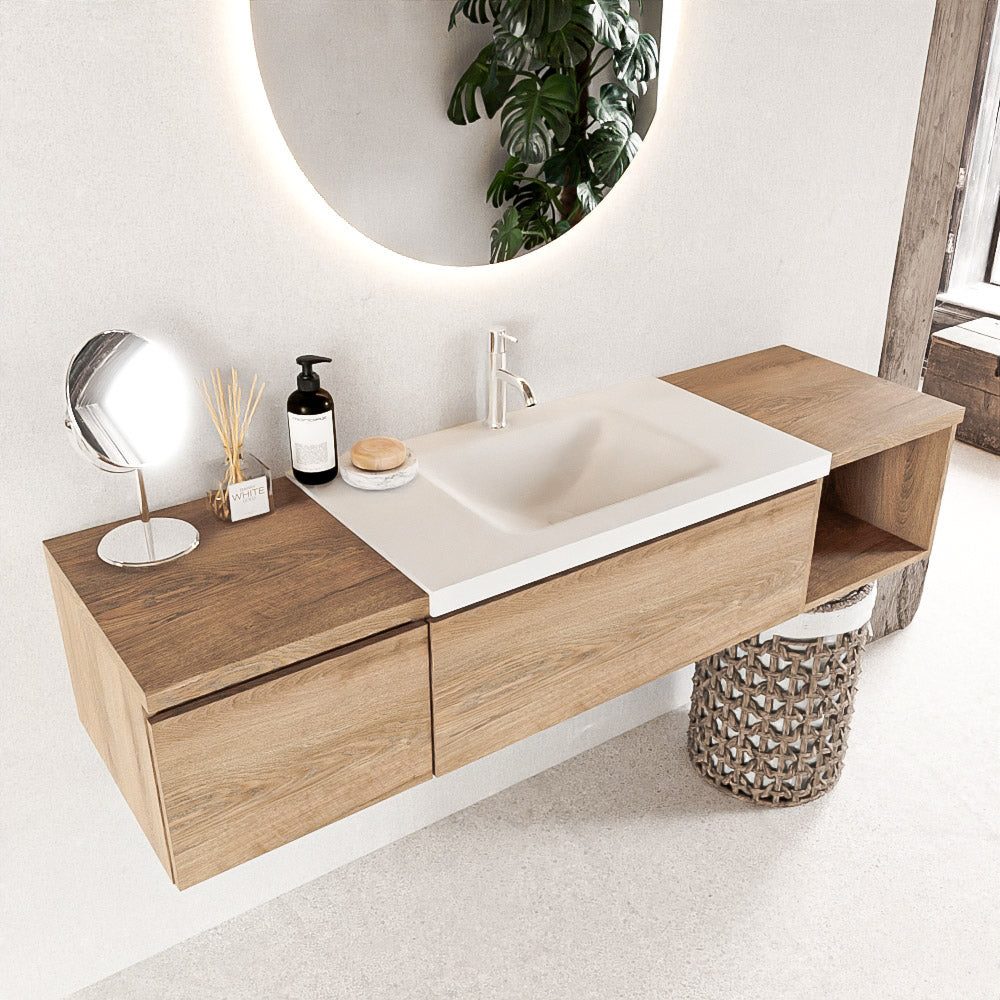 MONDIAZ BUKLA 160cm badmeubel met open module 40 rechts kleur Washed Oak met 2 lades. Wastafel CLOUD midden 1 kraangat kleur Talc.