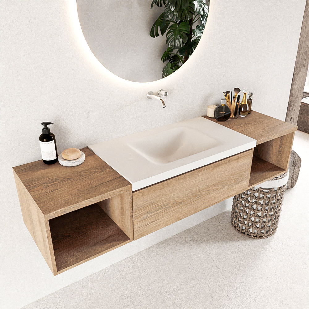 MONDIAZ BUKLA 160cm badmeubel met open module 40 L+R kleur Washed Oak met 1 lades. Wastafel CLOUD midden 0 kraangaten kleur Talc.