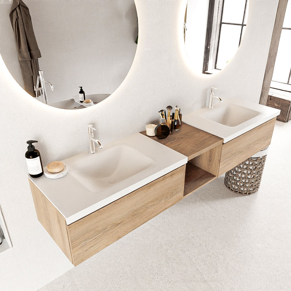MONDIAZ BUKLA 200cm badmeubel met open module 40 kleur Washed Oak met 2 lades. Wastafel CLOUD dubbel 2 kraangaten kleur Talc.