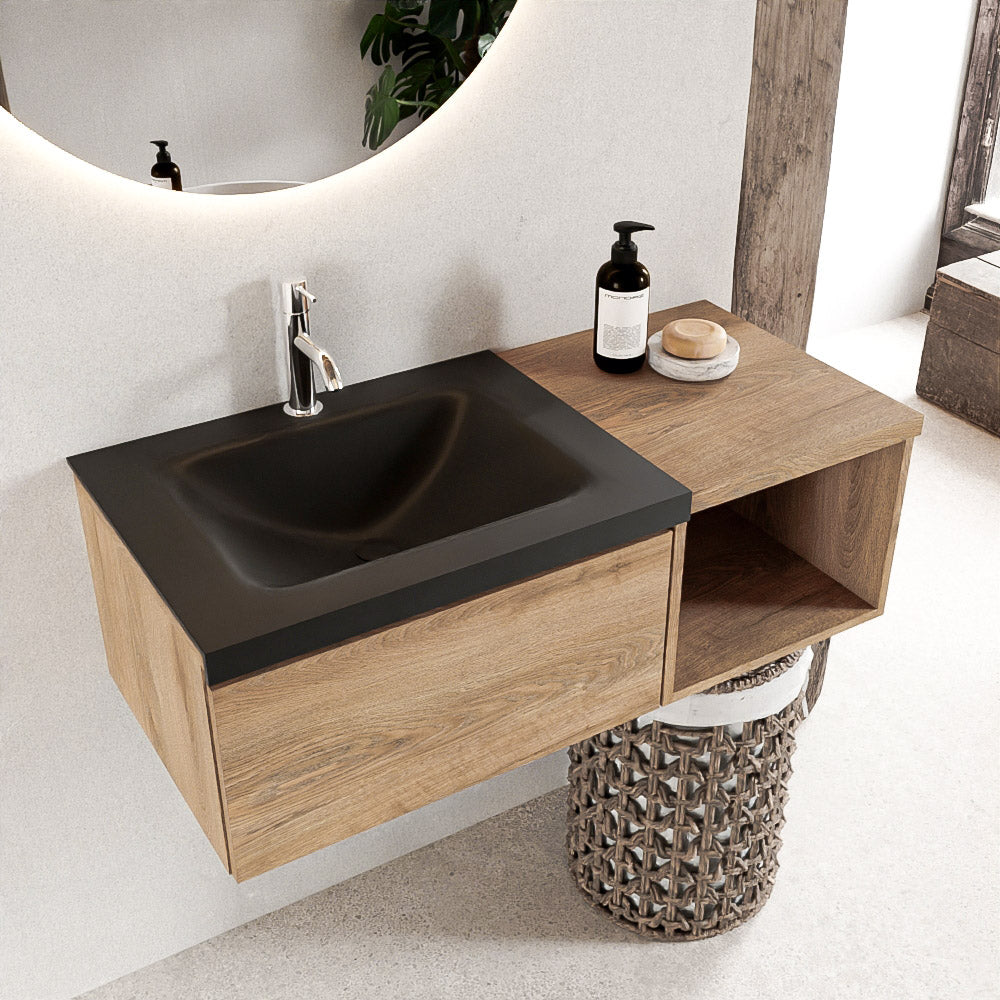 MONDIAZ BUKLA 100cm badmeubel met open module 40 kleur Washed Oak met 1 lade. Wastafel CLOUD links 1 kraangat kleur Urban.