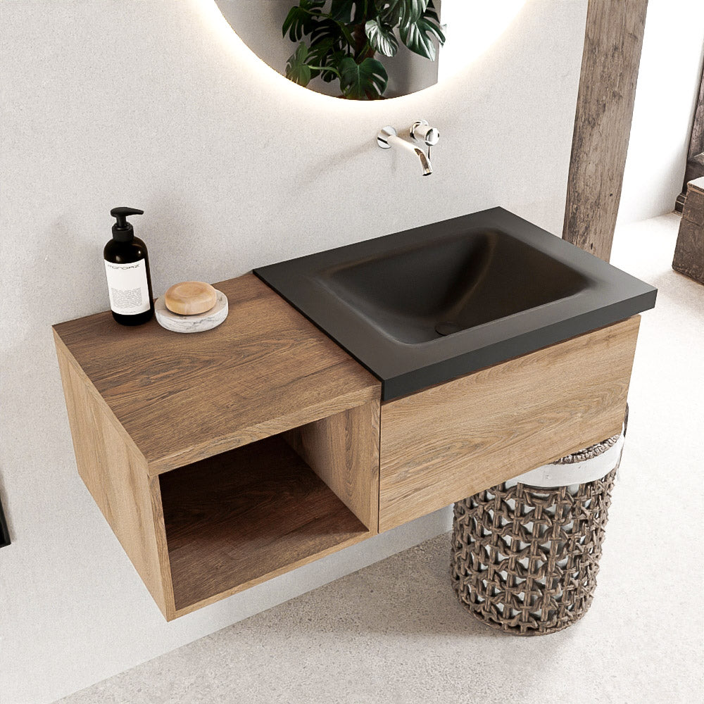 MONDIAZ BUKLA 100cm badmeubel met open module 40 kleur Washed Oak met 1 lade. Wastafel CLOUD rechts 0 kraangaten kleur Urban.
