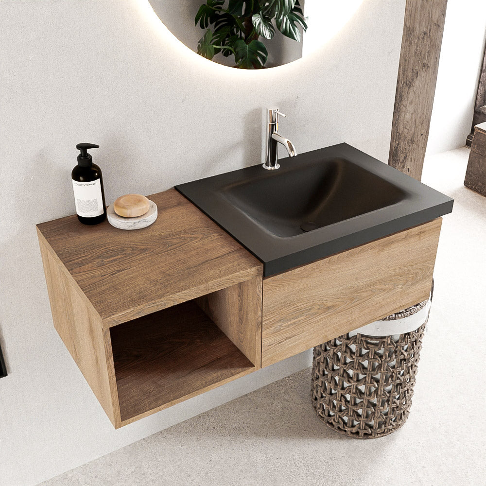 MONDIAZ BUKLA 100cm badmeubel met open module 40 kleur Washed Oak met 1 lade. Wastafel CLOUD rechts 1 kraangat kleur Urban.