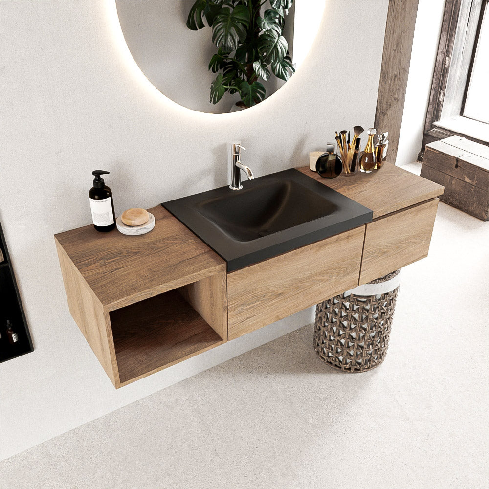 MONDIAZ BUKLA 140cm badmeubel met open module 40 links kleur Washed Oak met 2 lades. Wastafel CLOUD midden 1 kraangat kleur Urban.