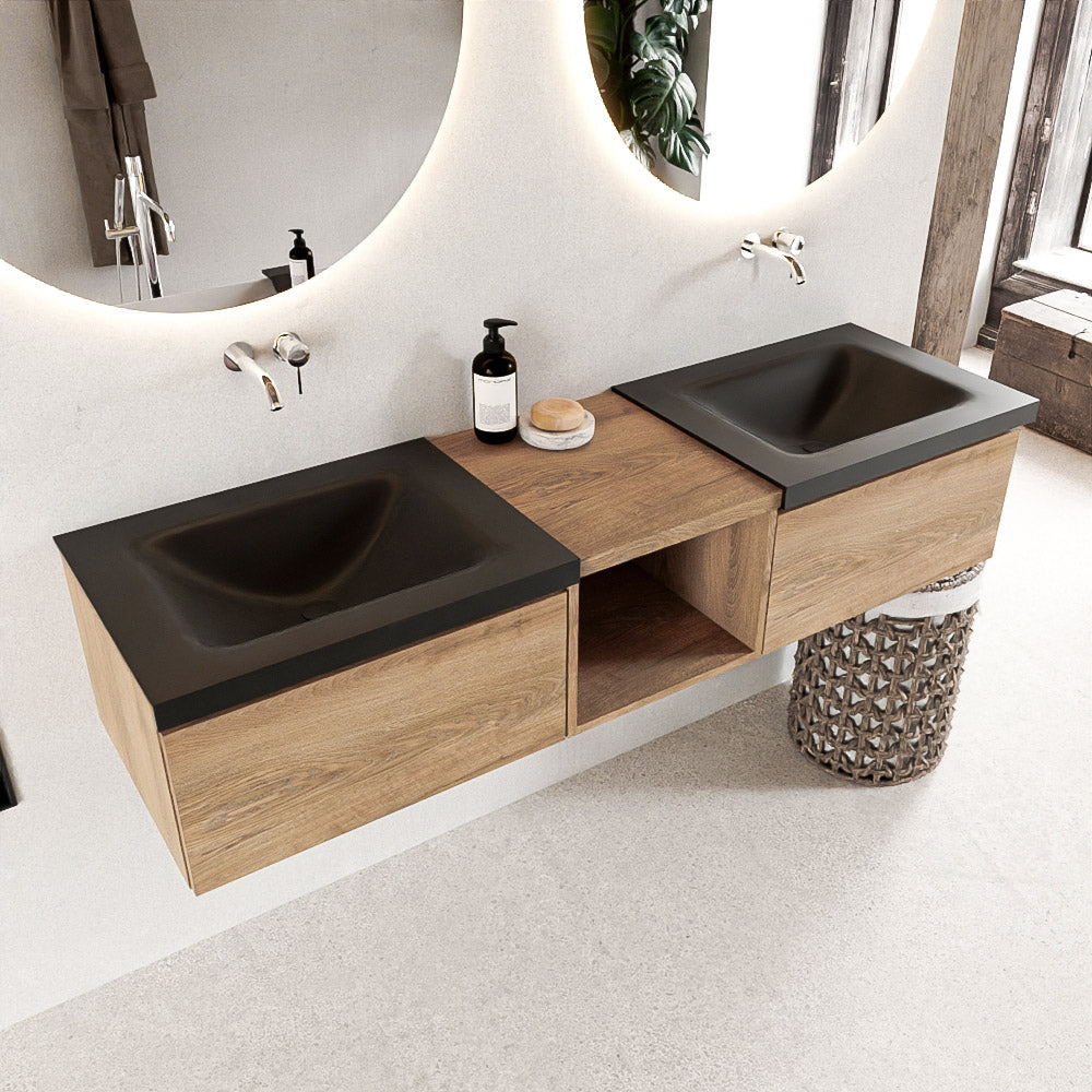 MONDIAZ BUKLA 160cm badmeubel met open module 40 kleur Washed Oak met 2 lades. Wastafel CLOUD dubbel 0 kraangaten kleur Urban.