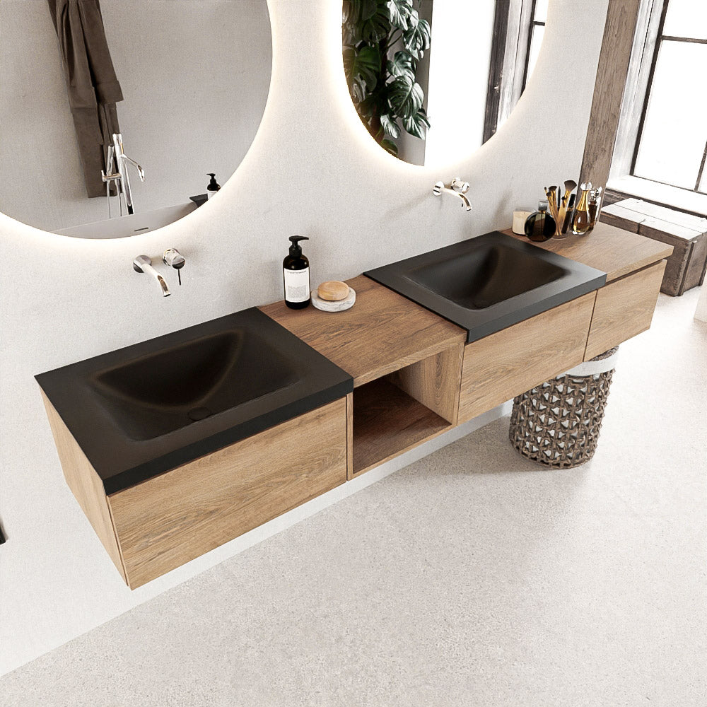 MONDIAZ BUKLA 200cm badmeubel met open module 40 links kleur Washed Oak met 3 lades. Wastafel CLOUD dubbel 0 kraangaten kleur Urban.