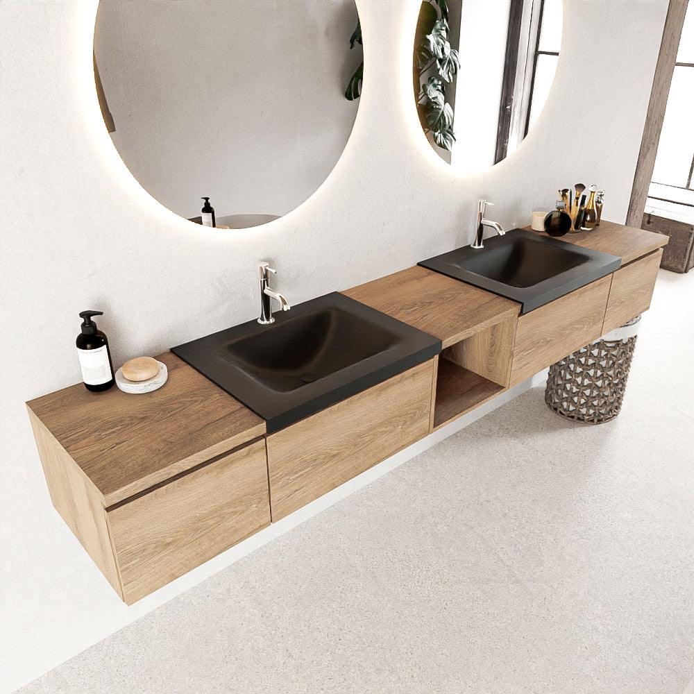 MONDIAZ BUKLA 240cm badmeubel met open module 40 midden kleur Washed Oak met 4 lades. Wastafel CLOUD dubbel 2 kraangaten kleur Urban.