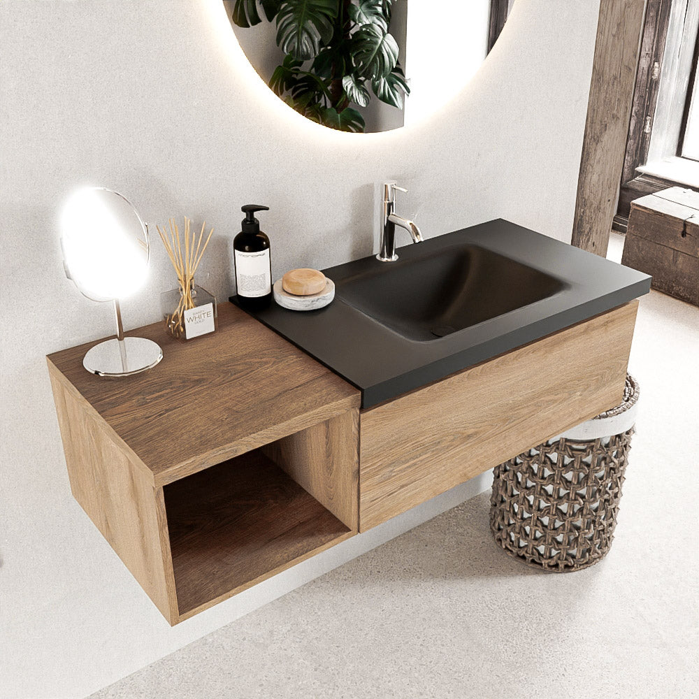 MONDIAZ BUKLA 120cm badmeubel met open module 40 kleur Washed Oak met 1 lade. Wastafel CLOUD rechts 1 kraangat kleur Urban.