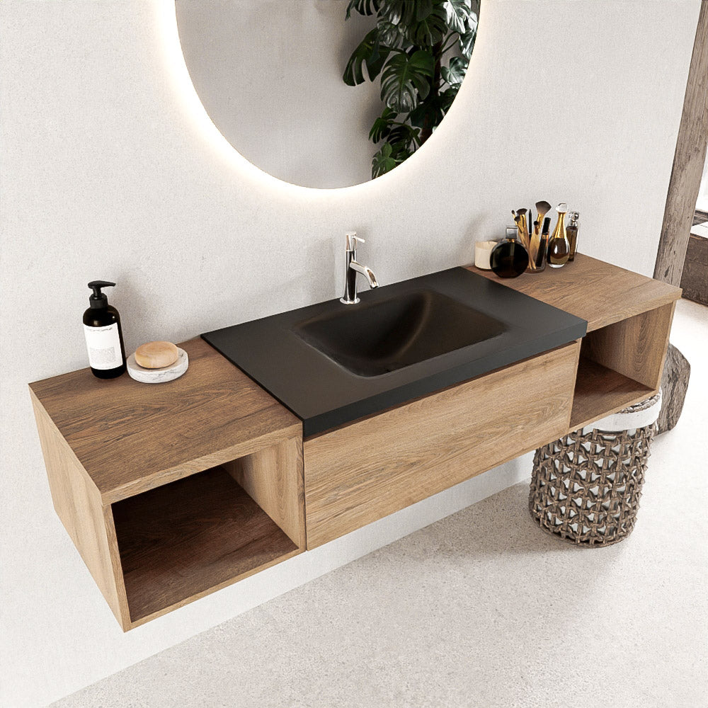 MONDIAZ BUKLA 160cm badmeubel met open module 40 L+R kleur Washed Oak met 1 lades. Wastafel CLOUD midden 1 kraangat kleur Urban.