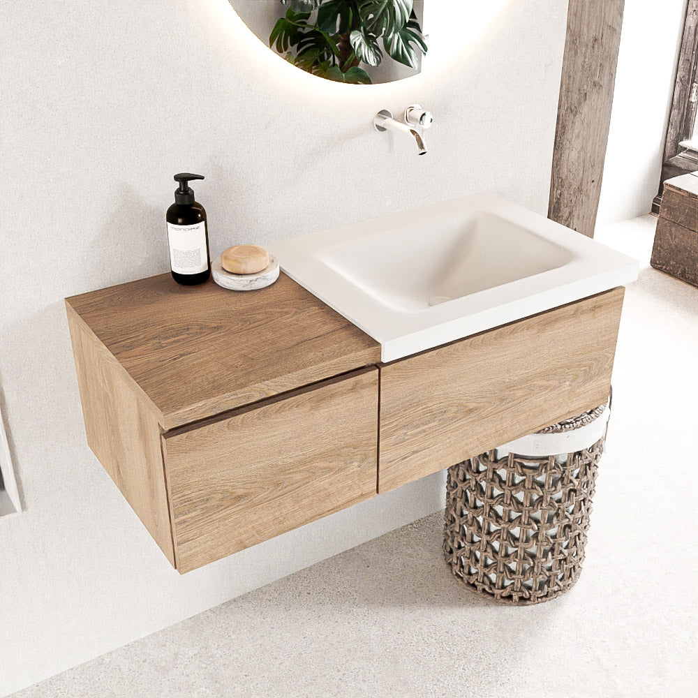 MONDIAZ BUKLA 100cm badmeubel met module 40 kleur Washed Oak met 2 lades. Wastafel CLOUD rechts 0 kraangaten kleur Talc.