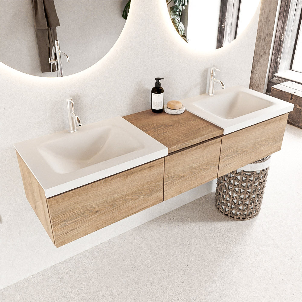 MONDIAZ BUKLA 160cm badmeubel met module 40 kleur Washed Oak met 3 lades. Wastafel CLOUD dubbel 2 kraangaten kleur Talc.